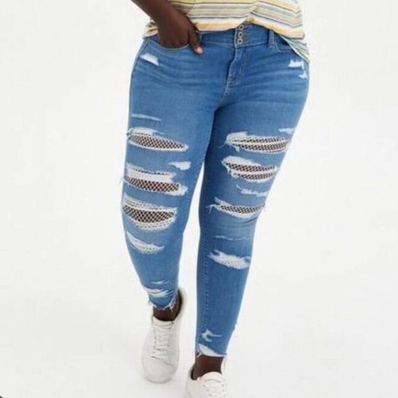 Torrid Jeans Fishnet Deconstructed Legging Jeans Skinny Super Soft Size 20 Short - Picture 2 of 8